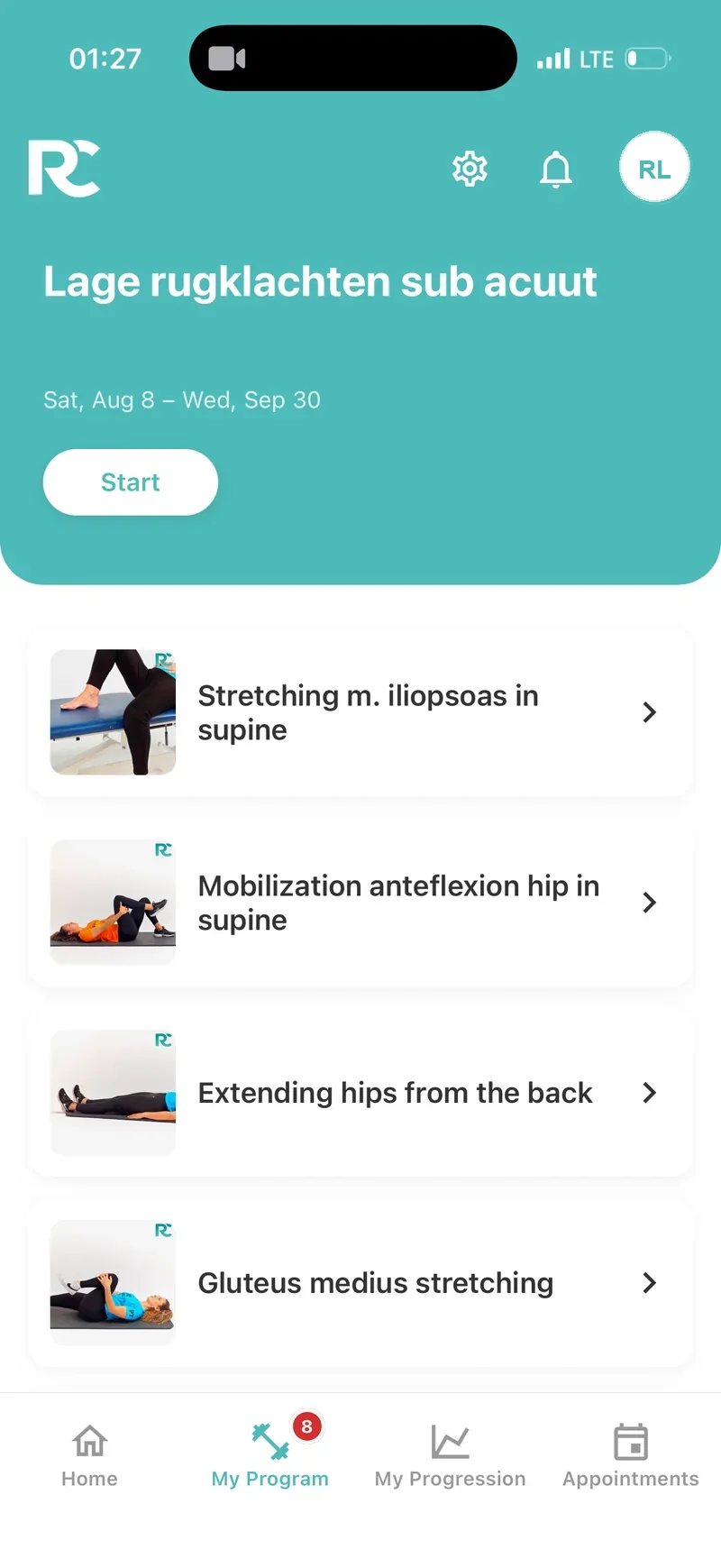 RehabLab patient app showing a personal exercise programme with a video for each exercise
